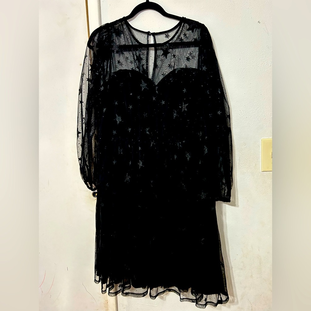 Torrid Size 1- Brand new black dress with glitter stars and mesh sleeves